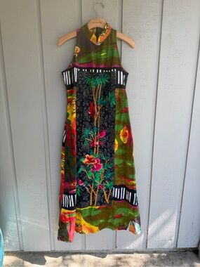 Y2K Chinoiserie halter dress embroidered botanical mixed print size S‎ 4-6